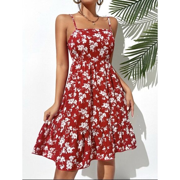 SHEIN Red & White Sleeveless Floral Print Ruffle Hem Cami Dress Size S - Picture 1 of 11